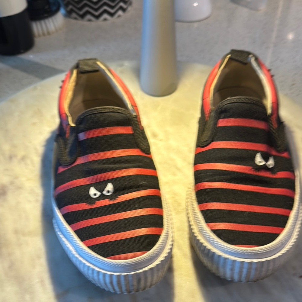 Alexander McQueen Monster Striped Slip-On Shoes - Black and Red